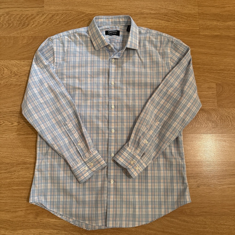 Nordstrom Shirt Men's 16.5  32-33 Trim-Fit Non-Iron Multicolor Plaid Preppy‎